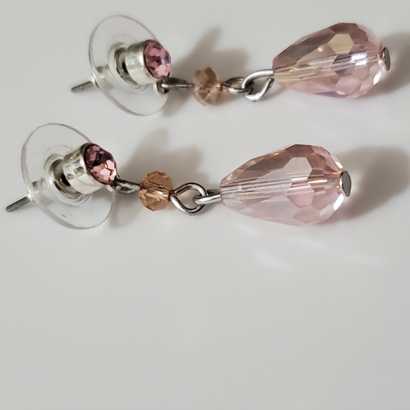 Vintage glass crystal pink drop earrings CZ stones silver elegant - Picture 7 of 8